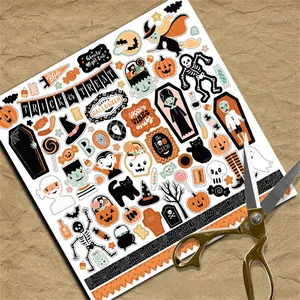 Close-up of Halloween DIY stickers with pumpkins and skulls on vintage kraft paper