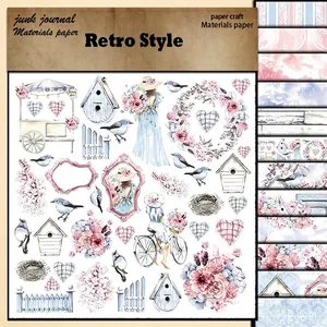 Retro style junk journal paper set featuring watercolor bird, floral, and bicycle designs