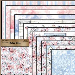 Macro shot of 12 sheets of retro scrapbooking paper with floral and vintage motifs