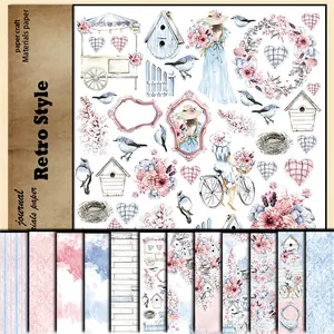 Detail of vintage scrapbooking paper with floral and bird motifs for DIY journaling