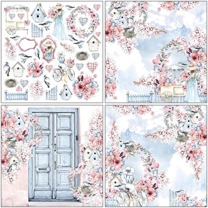 Retro romantic floral scrapbooking paper set with vintage birds and garden illustrations