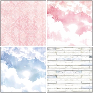 Detail showing vintage damask, dreamlike watercolor clouds and rustic white wood textures