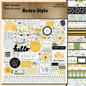 Retro bee themed junk journal scrapbook paper set with yellow and black floral stickers