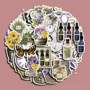 Macro view of vintage floral stickers with lavender and butterfly designs for scrapbooking