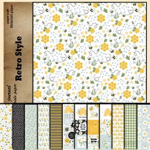 Macro detail of retro bee and sunflower patterned scrapbook paper pack with 12 vintage designs