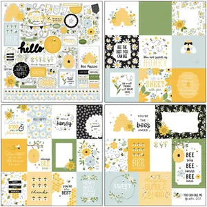 Detail of vintage bee-themed scrapbooking papers featuring honeycomb and daisy patterns