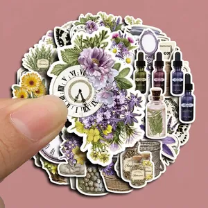 Vintage floral stickers set featuring purple flowers and butterflies for DIY scrapbooking