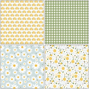 Selection of four vintage bee and floral scrapbooking papers in a grid layout