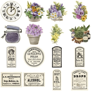 Vintage scrapbooking stickers with retro floral designs and antique label aesthetics