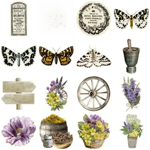 Flat lay of vintage floral stickers, butterfly decals and botanical apothecary labels