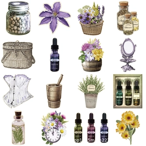 Macro display of 16 vintage herbal stickers featuring botanical jars and retro mirrors