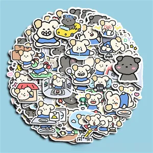 Detail of cute cartoon puppy and bear stickers featuring various daily activities