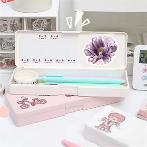 Detail of multi-layered pastel plastic stationery organizers with floral stickers