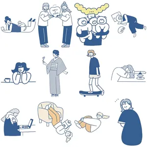 Lot de 50 autocollants de scènes de vie en style vectoriel bleu et jaune minimal