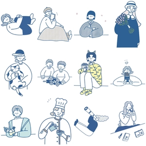 Détail de 12 autocollants de dessins animés vectoriels illustrant des scènes de vie
