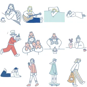 Gros plan d'autocollants cartoon lifestyle montrant diverses scènes de vie quotidienne