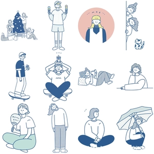 Vue détaillée de 12 autocollants minimalistes illustrant diverses scènes de vie et dessins
