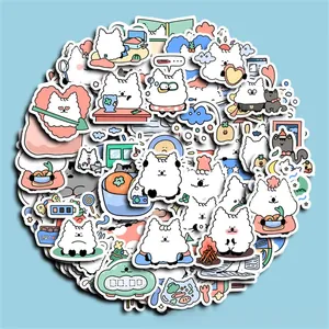 Close-up of cute cartoon white fluffy dog stickers showing various lifestyle activities