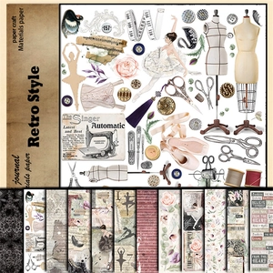 Close-up of retro scrapbook paper featuring ballet dancers and vintage sewing machine motifs