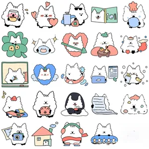 Detail view of 25 cute cartoon dog stickers in a grid layout for DIY journal decoration