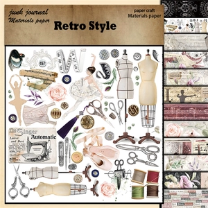 Vintage junk journal scrapbooking paper set with sewing theme stickers and backgrounds