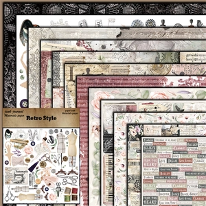 Close-up of vintage junk journal paper set featuring retro floral and sewing patterns