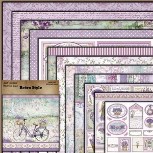 Detailed view of lavender purple retro junk journal papers with French floral patterns