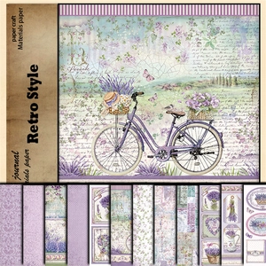 Macro detail of lavender vintage scrapbooking papers with floral patterns and butterflies