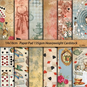 12-pack vintage Alice in Wonderland scrapbooking paper set, 14x18cm retro craft sheets