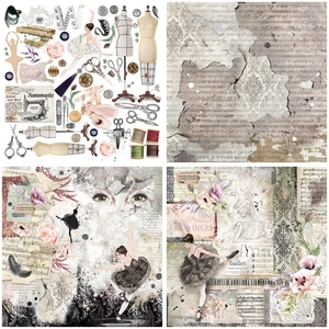 Detail of vintage Bauhaus scrapbook paper with ballet, sewing, and music collage art
