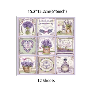 Close-up of 15x15cm vintage lavender pattern scrapbook paper with floral and bottle designs