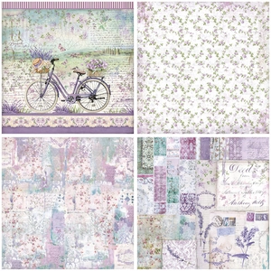 Detail view of 4 vintage lavender themed scrapbook papers with floral and bicycle patterns