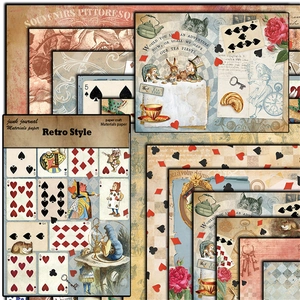 Detailed layered stack of retro Alice in Wonderland scrapbook collage papers with vintage keys