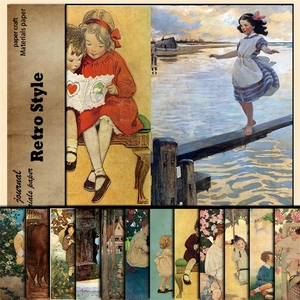 Detail showing various retro vintage children illustration papers for DIY journaling