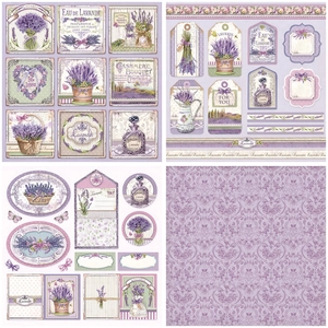 Detailed views of vintage lavender scrapbooking paper with French floral patterns