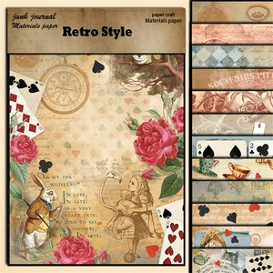 12 sheets of vintage Alice in Wonderland scrapbook paper with retro clock and rose designs