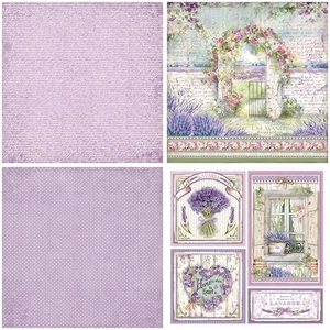12 sheets of vintage lavender scrapbooking paper with floral patterns and French scripts