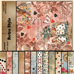 Macro view of vintage Alice in Wonderland journal papers with retro playing card patterns