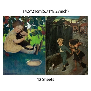 Detail of vintage child illustrations on 14.5x21cm decorative paper for scrapbooking