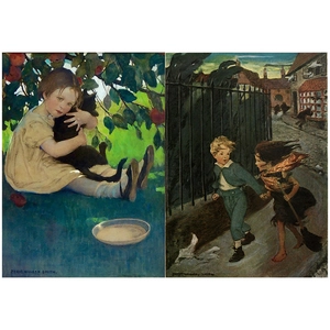 Vintage art illustration collage paper featuring classic children scenes by Jessie Willcox Smith