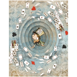 Macro detail of Mad Hatter vintage collage paper with flying cards for scrapbooking