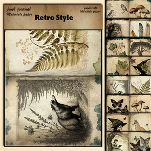 8 sheets of vintage junk journal paper with nature illustrations and burnt edge effect