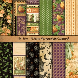 Set di 12 fogli di carta per scrapbooking vintage con zucche, pipistrelli e streghe