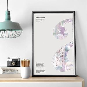 Artistic Times New Roman poster with purple floral textures in a modern black frame