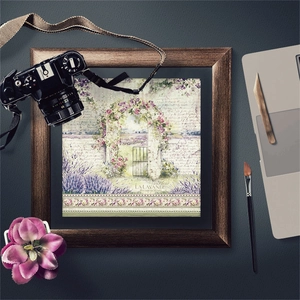 Detail of vintage Provence lavender garden art paper framed in dark wood for scrapbooking