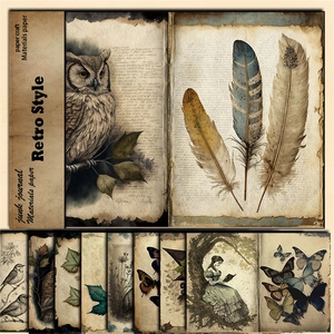 8 sheets of vintage junk journal material paper with retro owls and botanical patterns