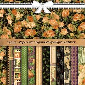 Blocco da 12 fogli di carta scrapbooking vintage con motivi floreali e gotici
