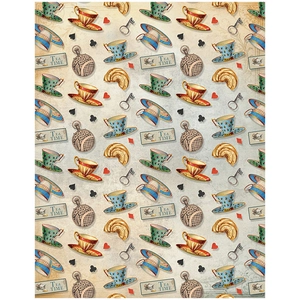 Vintage Alice tea time scrapbooking paper with teacups, pocket watches and keys