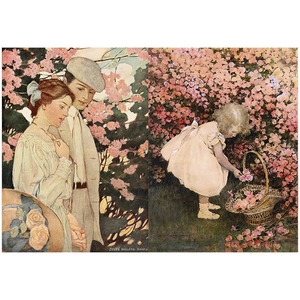 Detail of vintage scrapbook paper featuring classic Jessie Willcox Smith floral illustrations