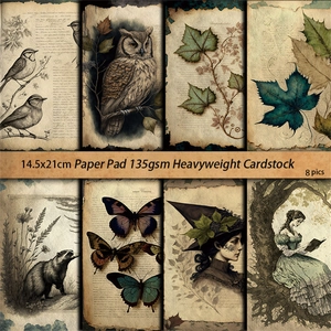 Macro view of eight vintage scrapbooking papers featuring owls, birds and botanicals